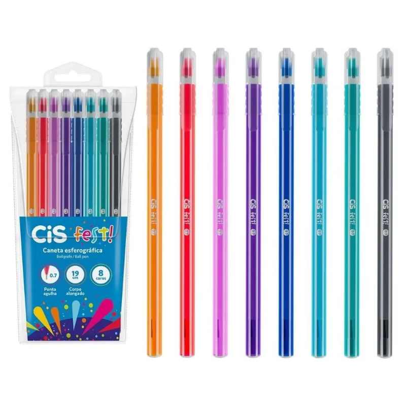 Conjunto 8 Canetas Esferográficas 0.7mm Fest Blister Cores Cis Escolar Tinta Escrita Aula Colorida