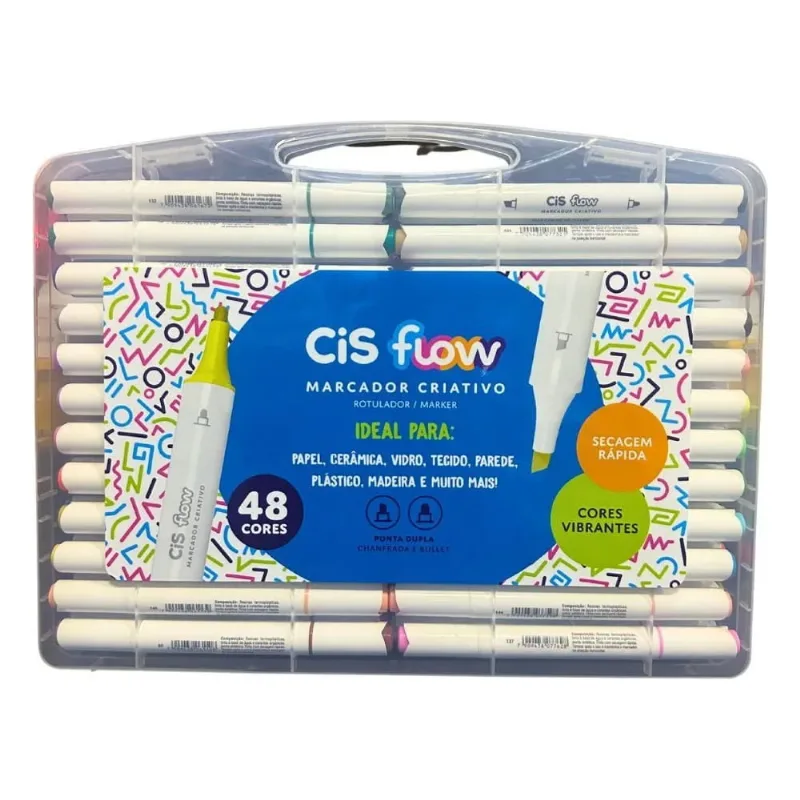 Marcador Criativo FLOW 48 Cores Ponta Dupla Estojo