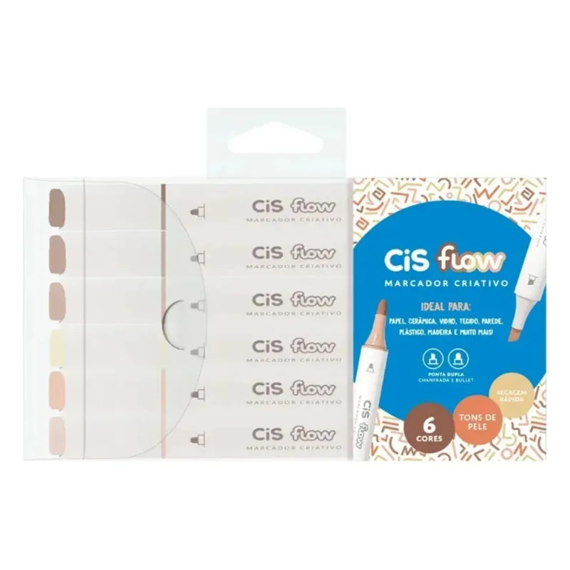 Marcador Criativo FLOW 6 Cores Pele Estojo