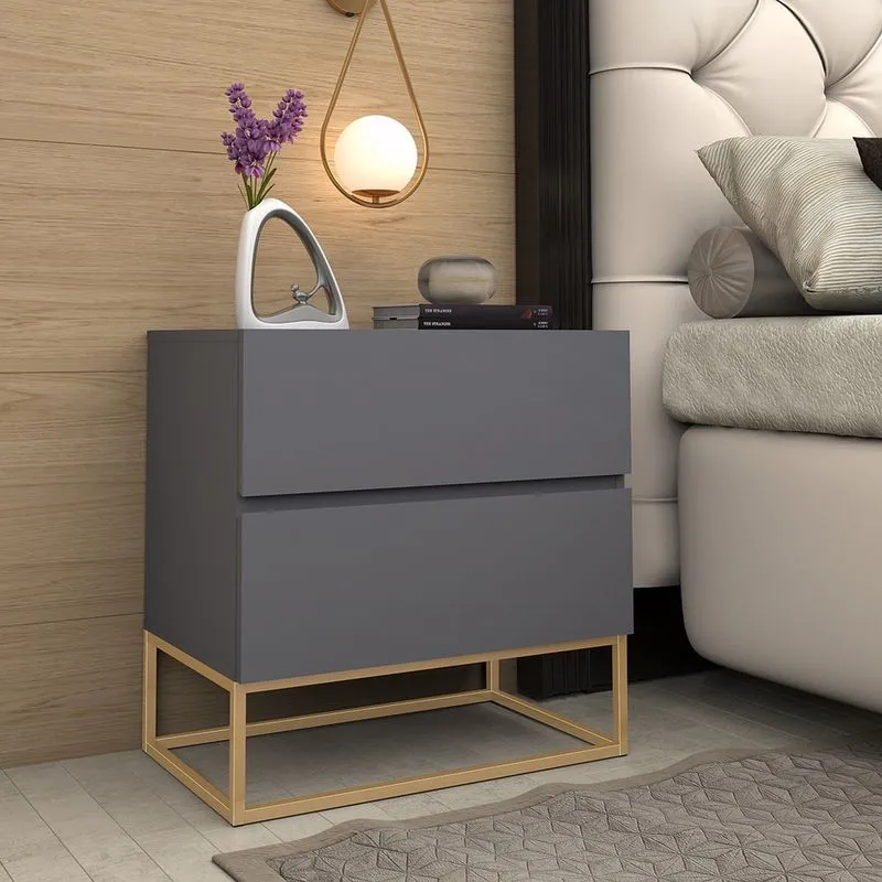 Criado Eros 45 Cm Cinza Estilo Industrial Pés De Ferro Dourado