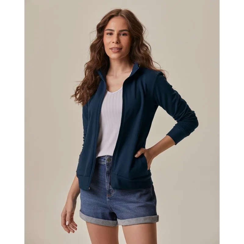Jaqueta Básica Feminina Gola Alta Moletom Stretch Flanelado Azul - PP