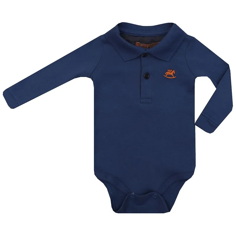 Body Polo Masculino Bebê Manga Longa Suedine Azul Jeans-AZUL-PEQUENO