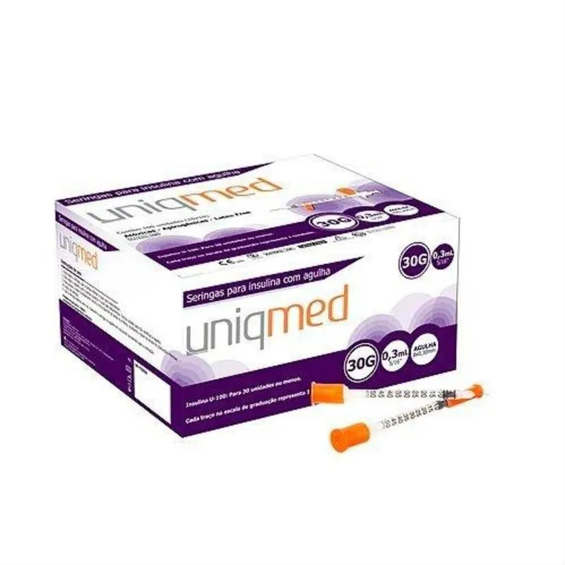 Seringa Insulina 0,3ml 8x0,30mm Uniqmed Caixa Com 100 Un