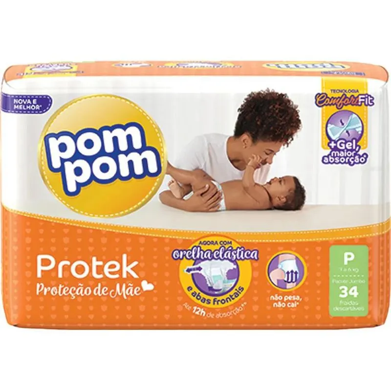 Kit Pompom Protek Baby Jumbo P 34 Fraldas Com 4 Pacotes
