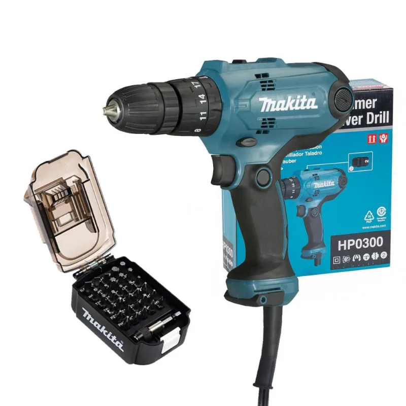 Furadeira Paraf Impcto 3/8 320W Hp0300 Makita + Kit 31P 110V