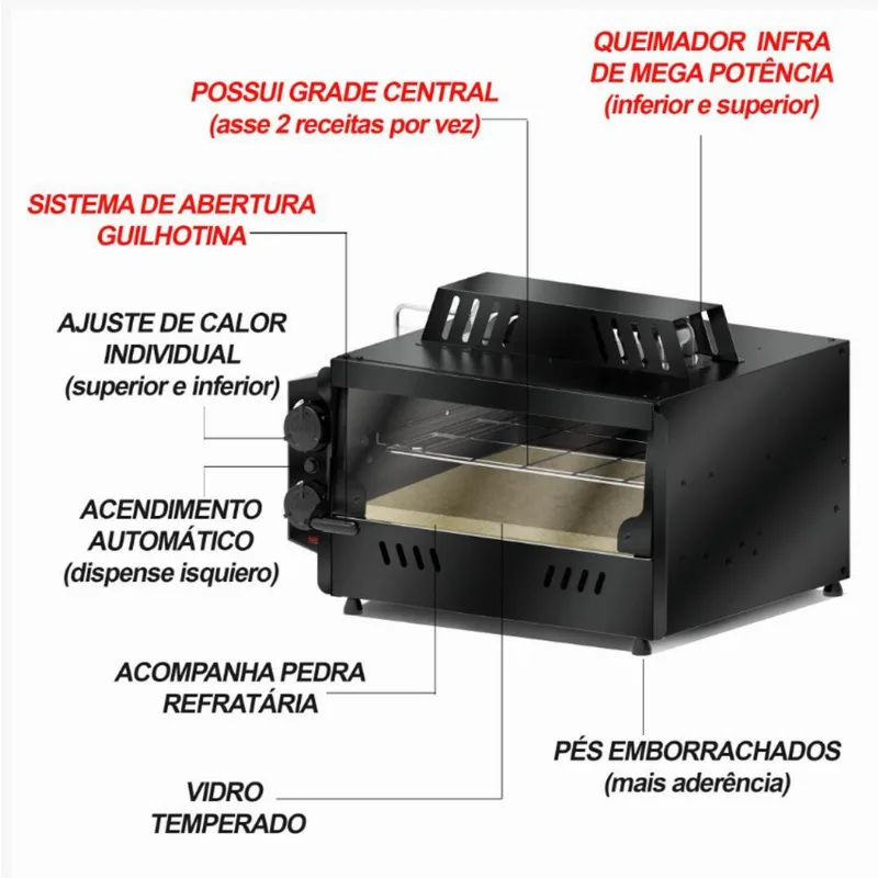 Forno Industrial A Gás 30 Litros 53x47 Com Pedra Refratária