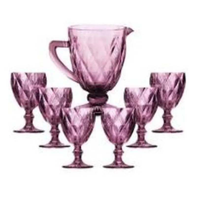 Conjunto 6 Taças Água Diamante Lilás + Jarra 1L Class Home
