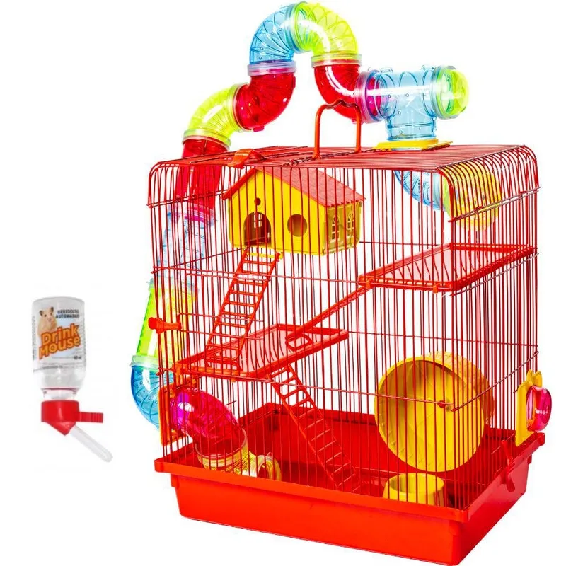 Gaiola Hamster De Três Andares Tubos Andar Plastico Vermelha