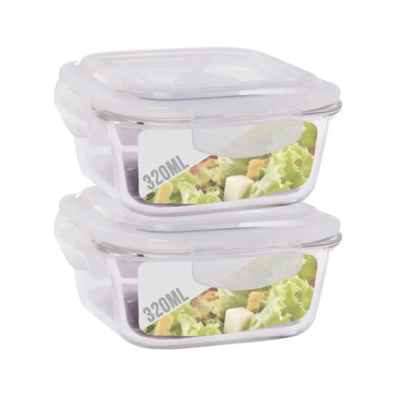 Conjunto 2 Potes Vidro 320Ml Hermético 4 Travas Alimentos