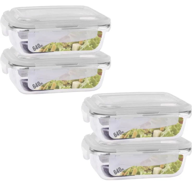 Conjunto 4 Potes 640Ml Vidro Hermético 4 Travas Marmita