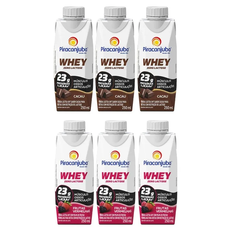 Kit Com 12 Bebidas Whey Piracanjuba 250ml 6 Cacau/6 Frutas