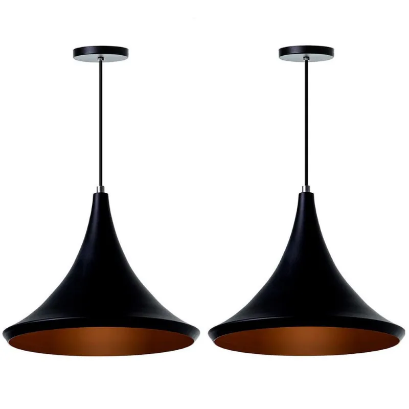 Kit 2 Lustre Pendente Chapéu Chinês 33Cm Preto Alumínio
