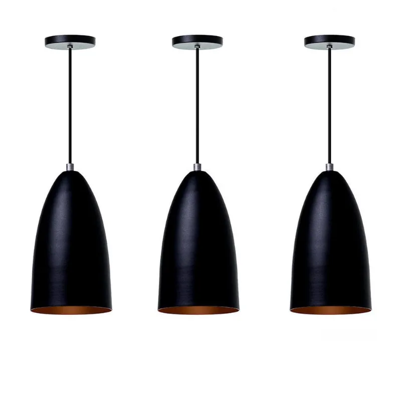 Kit 3 Lustre Pendente Bala M Preto Alumínio Decoração