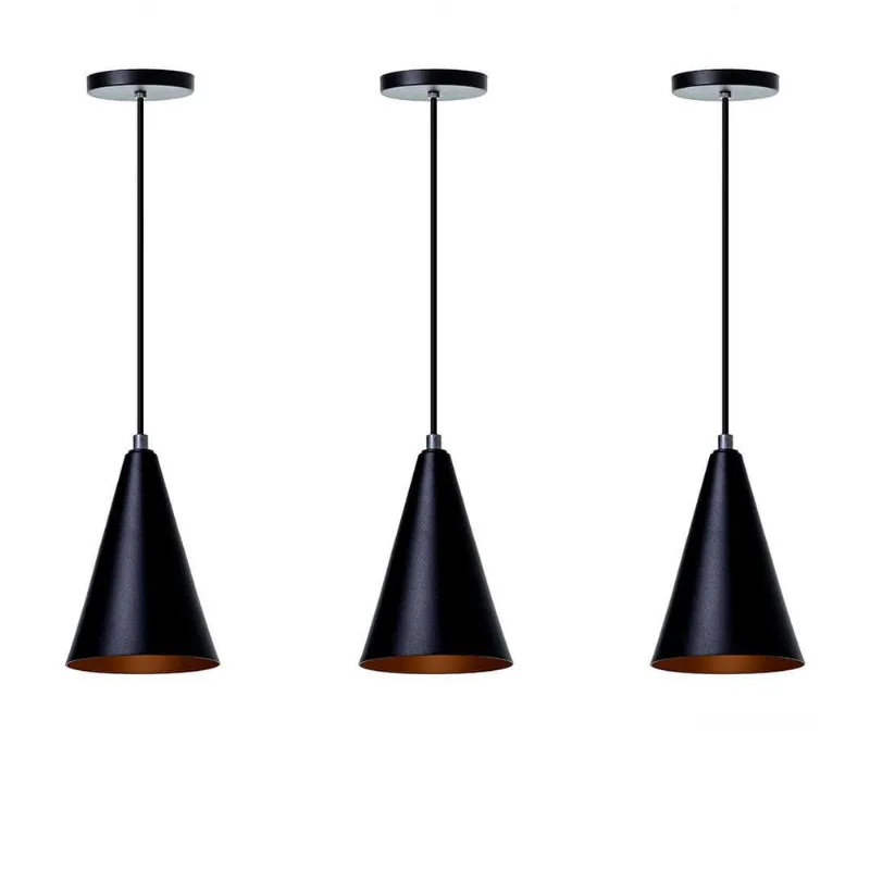 Kit 3 Lustre Pendente Cone P Preto Alumínio Decoração