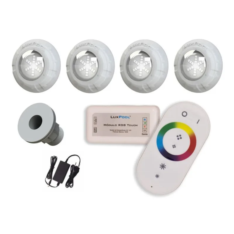Kit 4 Leds Rgb 9W Piscina Com Controle + Fonte + Nicho Fibra
