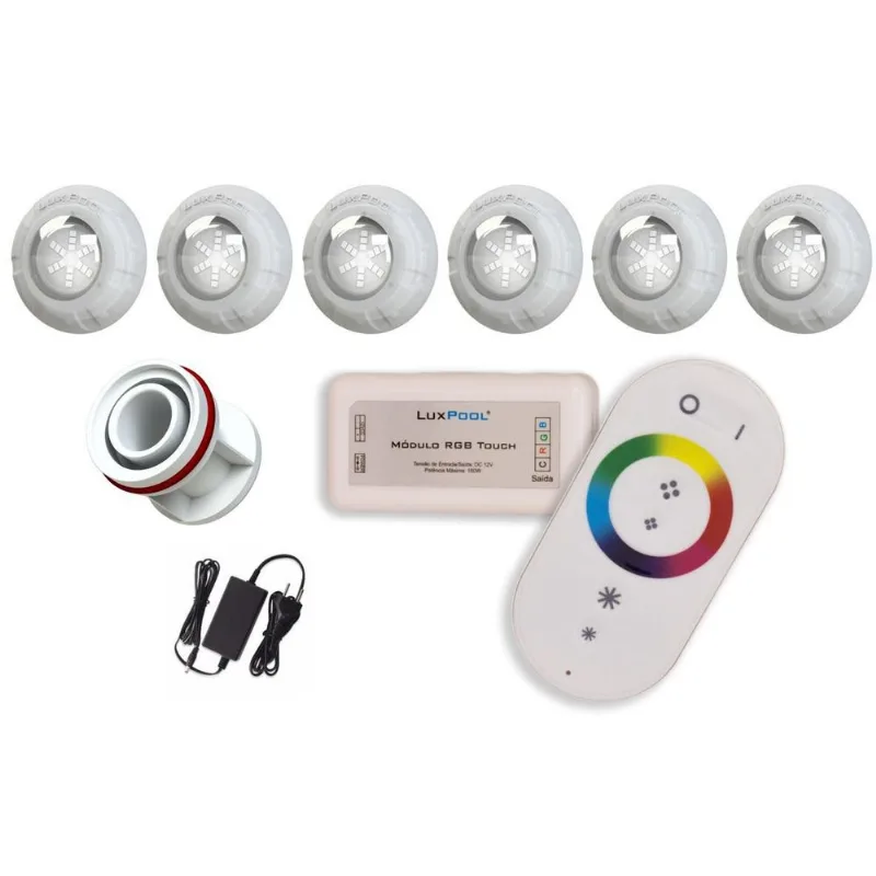 Kit 6 Led Rgb 9W Piscina + Controle + Fonte + Adaptador 50Mm