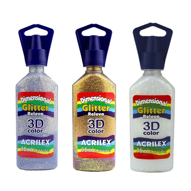 Tinta Dimensional 3D Relevo Glitter Acrilex - Kit Com 3