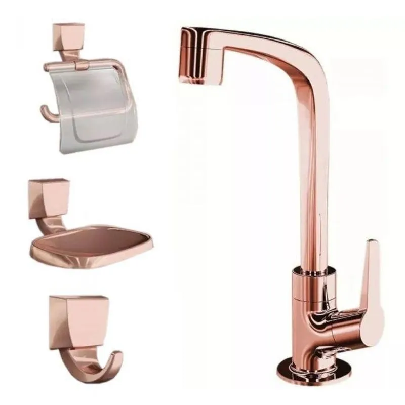 Kit Banheiro Com 4 Peças Rose Gold 2004 F71 Em Abs