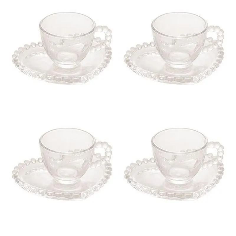 Kit 4 Xícaras Chá Cristal Com Pires Coração Pearl 180ml