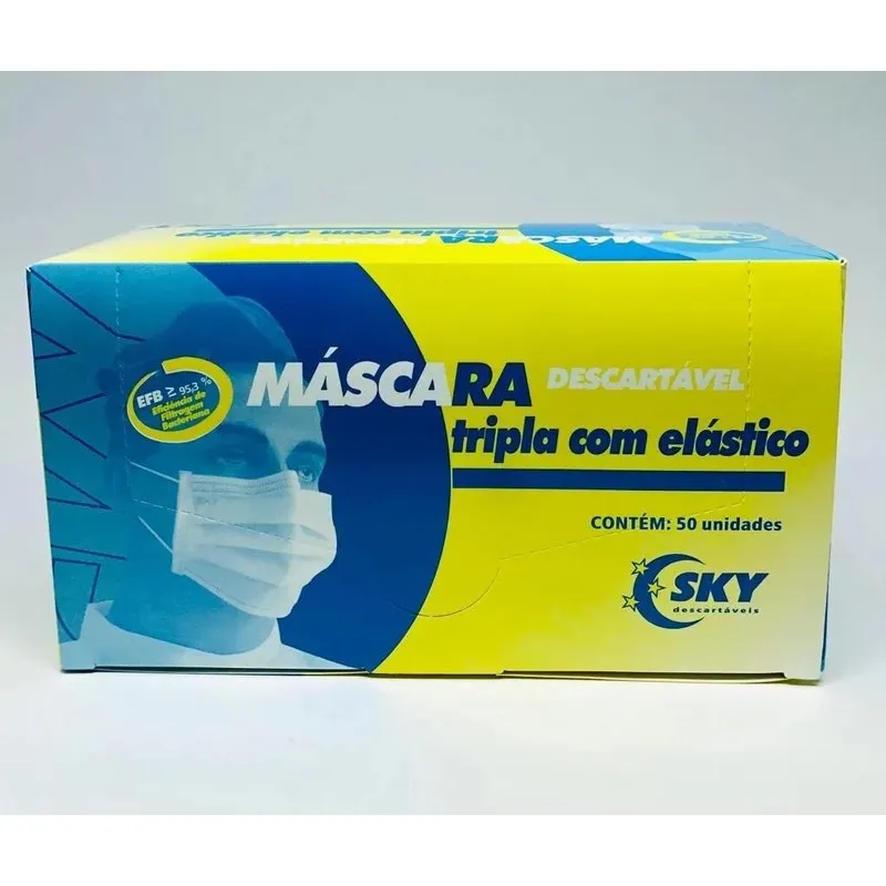 Máscara Descartável Sky Tripla Com Elástico Com 50 Unidades