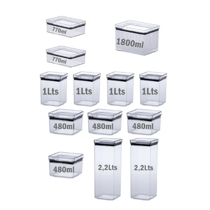 Kit 10potes Herméticos Quadrados +2porta Frios +porta Frutas