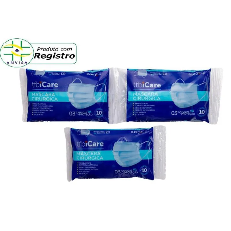 Máscara Descartável Com Clip Nasal Tripla Camada 30 Unidades