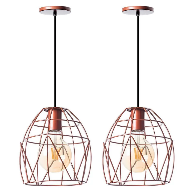 Kit 2 Lustre Pendente Interno Aramado Bala 23Cm Cobre