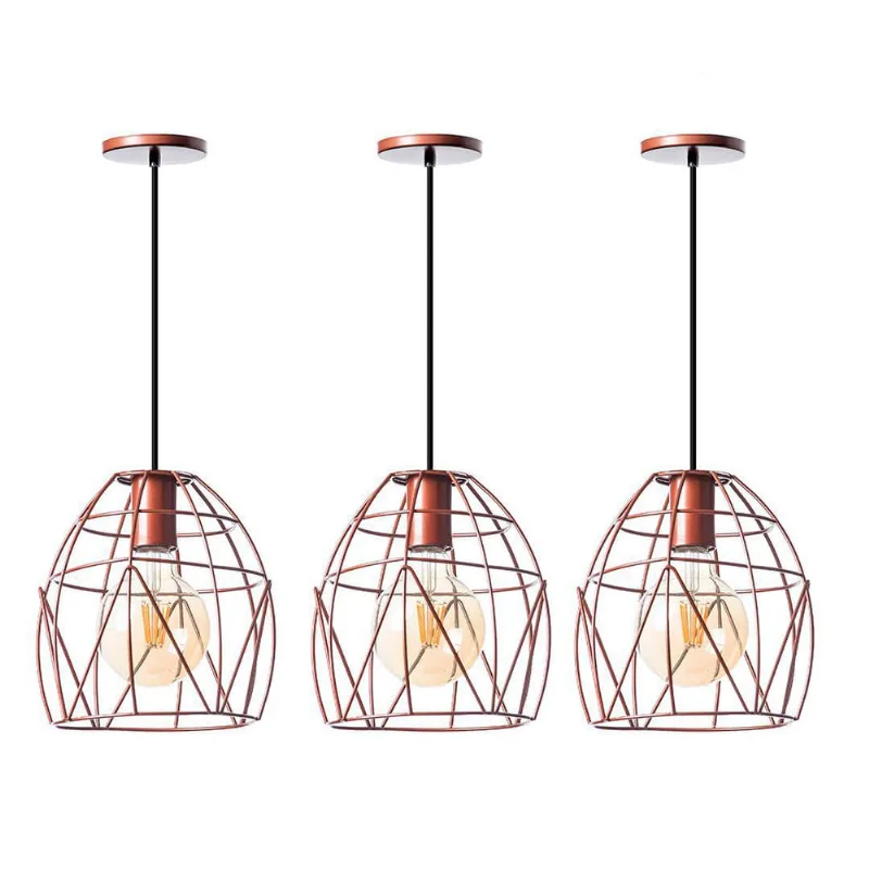 Kit 3 Lustre Pendente Interno Aramado Bala 23Cm Cobre