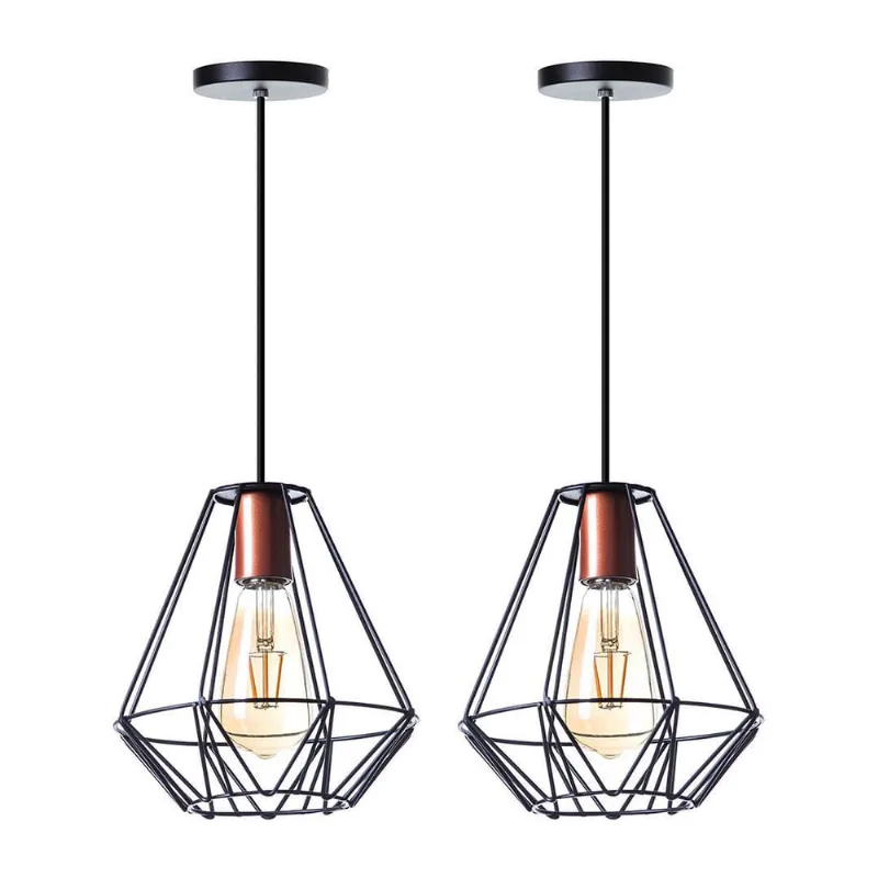 Kit 2 Lustre Pendente Interno Aramado Cristal 24Cm Preto