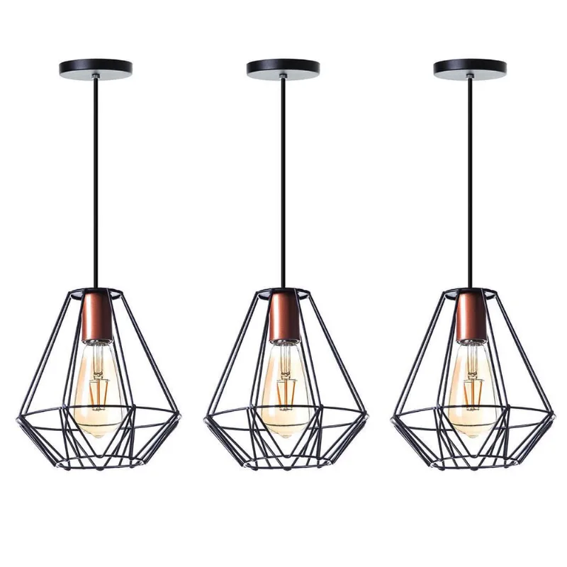 Kit 3 Lustre Pendente Interno Aramado Cristal 24Cm Preto