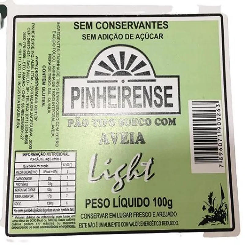 Kit 2x: Pão Sueco Ligth Com Aveia Pinheirense 100g