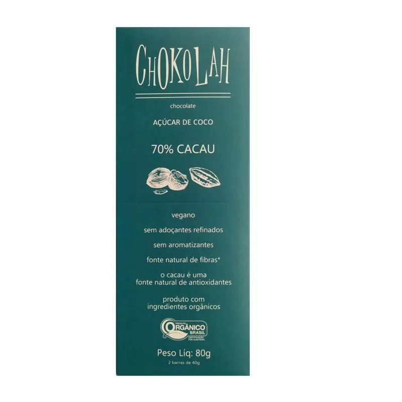 Kit 2x: Chocolate 70% Cacau Com Açúcar Coco Org Chokolah 80g