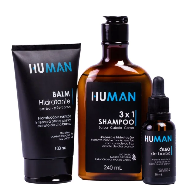 Kit De Barba Com Óleo, Shampoo 3 em 1 e Balm - Human