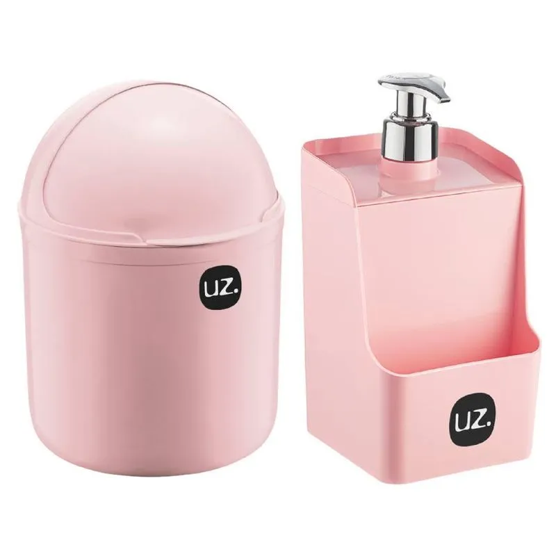 Kit Lixeira 4 Litros Porta Detergente Cozinha Pia Rosa Uz