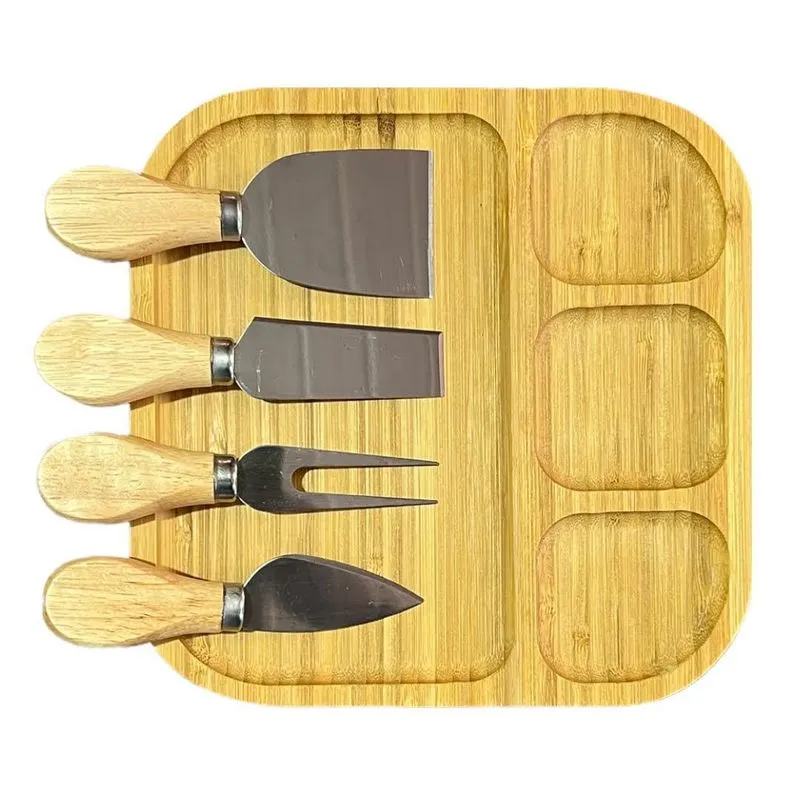 Kit Bandeja Tábua 4 Utensilios Queijo Faca Bambu Frios Frio