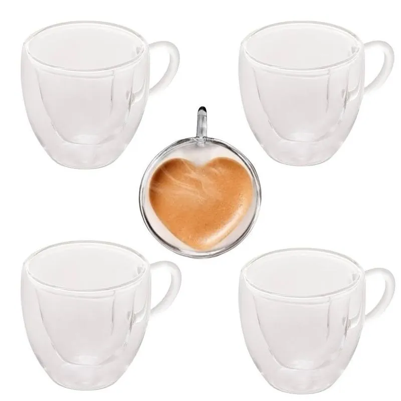 Kit 4 Xicará Coração Chá Café Vidro Parede Dupla Casa 250ml