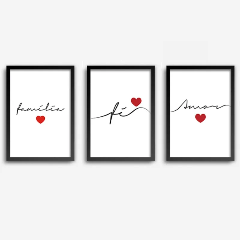 Conjunto Quadros Decorativos Fé Amor Família com Vidro A4