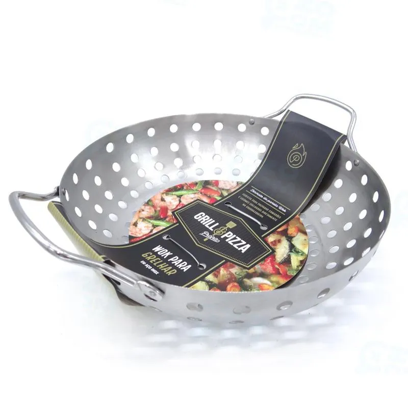 Panela Wok Aço Inox Para Grelha Churrasqueira Com Alça Prana