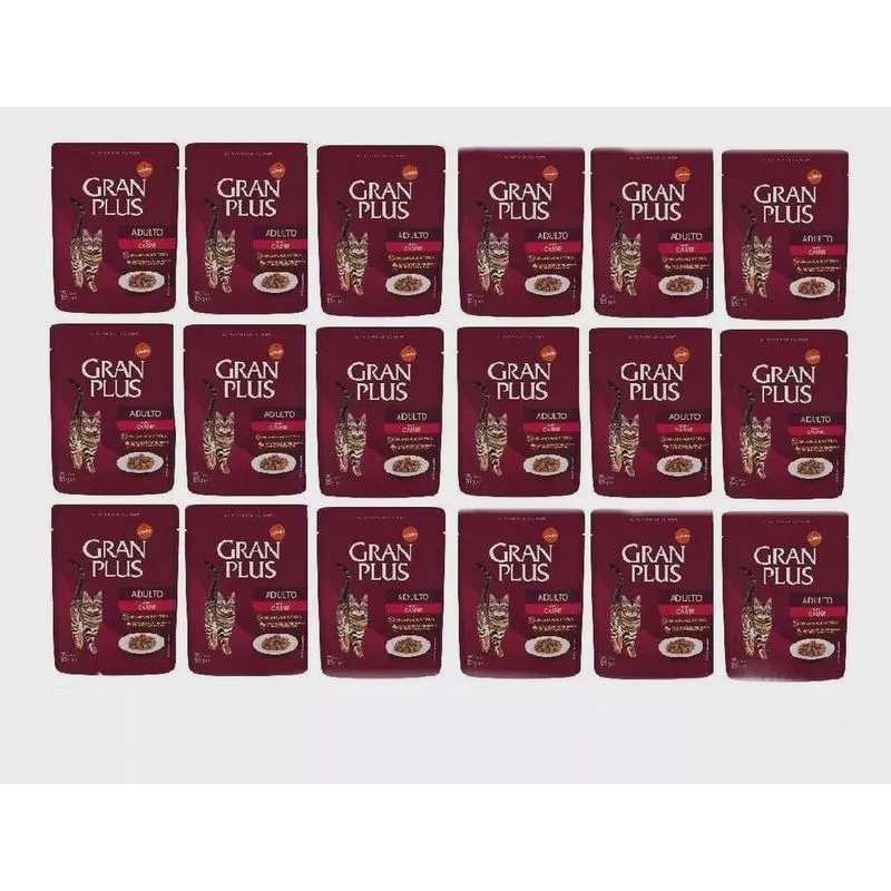 Caixa com 18 Unidades Ração Úmida Sachê GranPlus Gourmet Gatos Adultos Carne 85g
