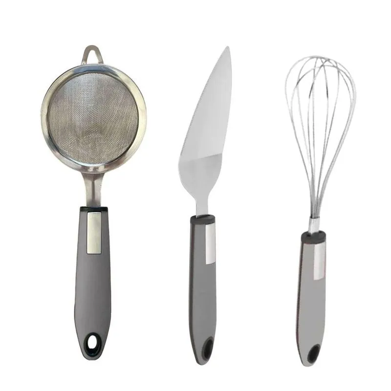 Kit Cozinha - Peneira Inox Espátula E Batedor Cinza