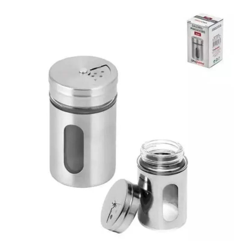 Kit 2 Saleiro Pimenteiro Aço Inox Visor E Tampa Giratória