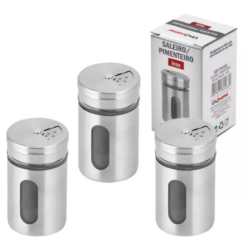 Kit 3 Saleiro Pimenteiro Aço Inox Visor E Tampa Giratória