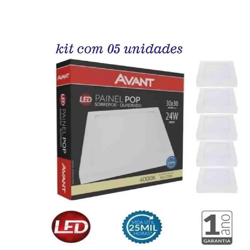 Kit 5 Paineis Paflon Led Sobrepor 30X30 Quadrado 24W 1Linha