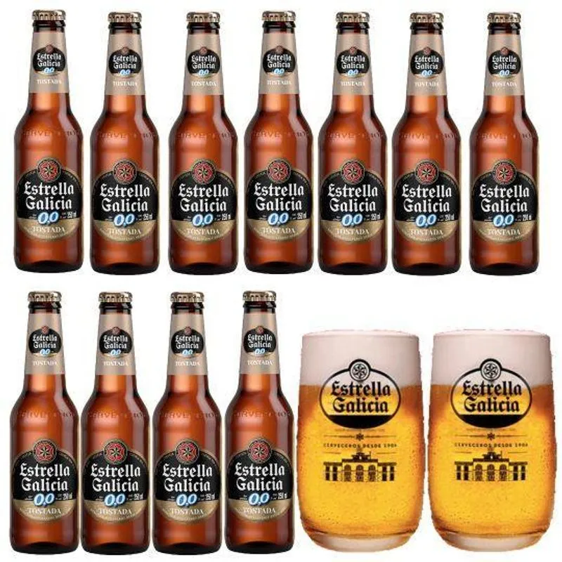 Kit 11 Cerveja Sem Álcool Estrella Galícia Tostada E 2 Copos