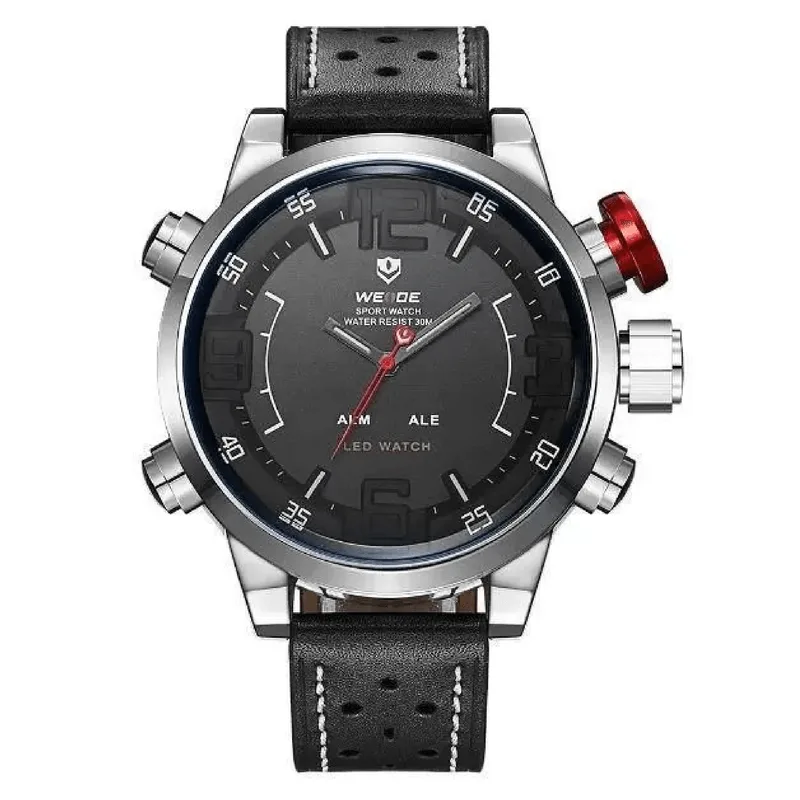 Relógio Weide Prata E Preto Couro Anadigi 5210