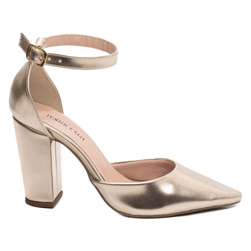 Sapato Scarpin Salto Alto Grosso Bico Fino 9 cm Ouro Light Amarelo Torricella