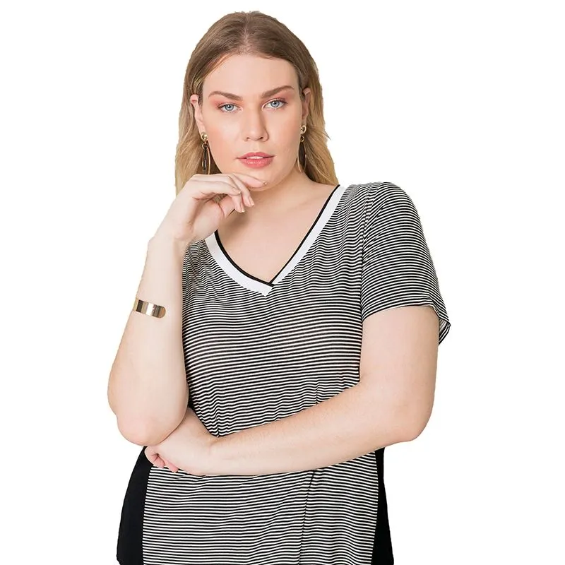 Blusa Plus Size Feminina Com Listras P/GG - 50140-PRETO REATIVO-M