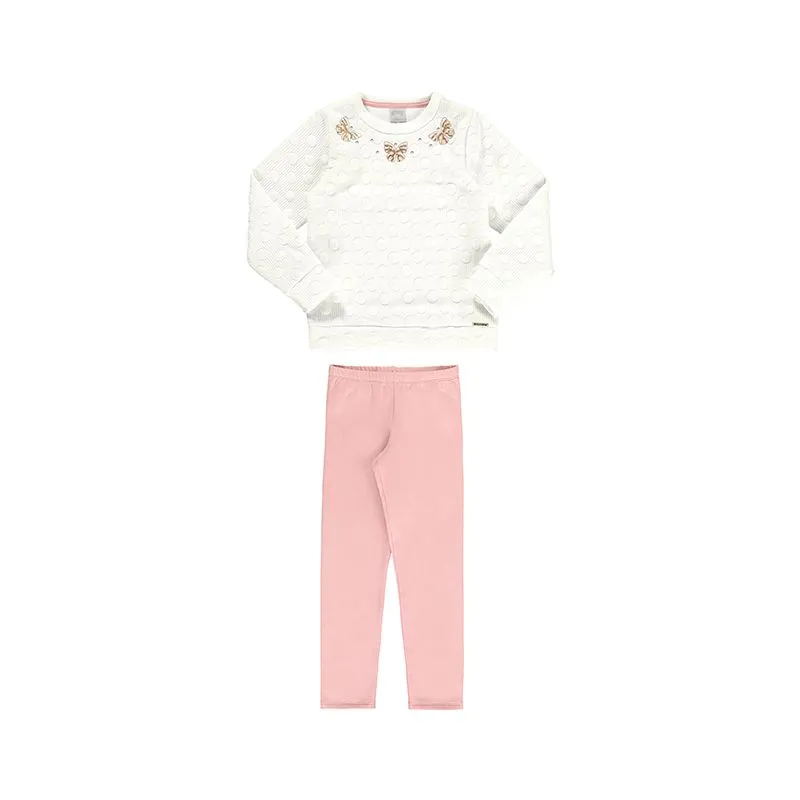 Conjunto Infantil Menina Moletom Com Estampa Bordada Borboleta e Poa 4/10 - 67548-BRANCO OFF WHITE-10