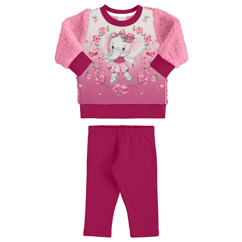 Conjunto Alakazoo Bebê Menina Meia Estação com Strass e Estampa Elefantinho Floral P/G - 67456-ROSA-GB