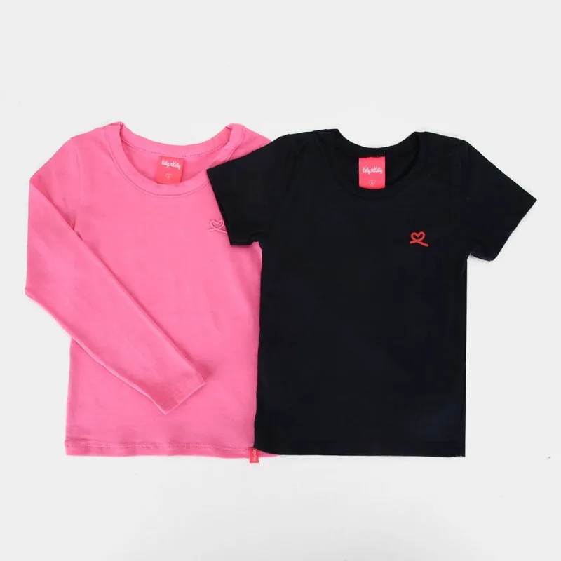Kit Blusa Infantil Kely & Kety Basic Manga Longa e Curta Menina - 2 Peças - Menina - Preto+Rosa
